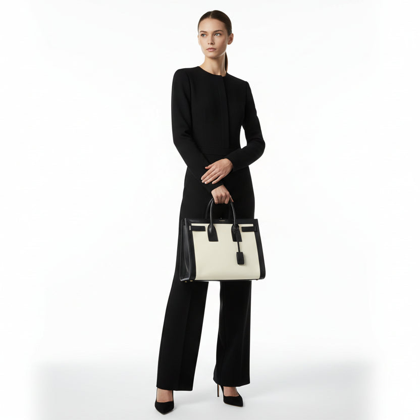 Yves Saint Laurent Sac de Jour Ivory Black Structured Tote