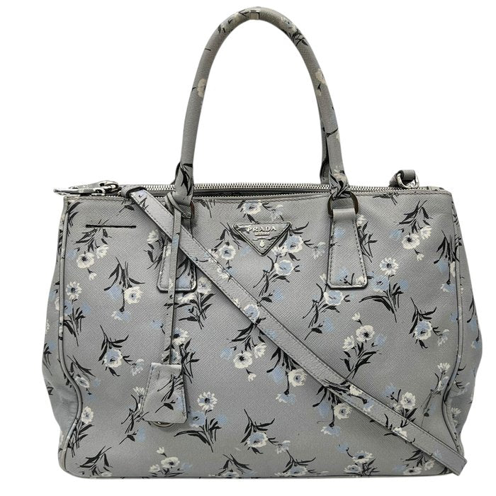 Prada Galleria Grey Saffiano Leather Floral Print Tote 2 Way Shoulder Bag