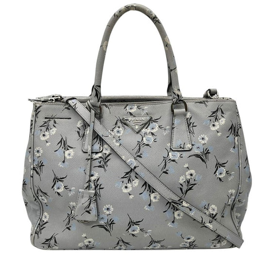 Prada Galleria Grey Saffiano Leather Floral Print Tote 2 Way Shoulder Bag
