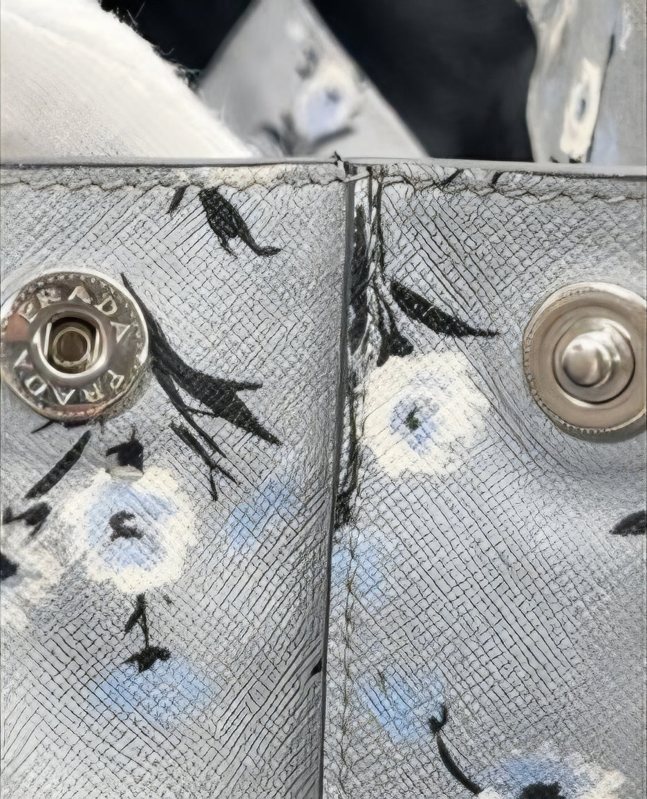 Prada Galleria Grey Saffiano Leather Floral Print Tote 2 Way Shoulder Bag