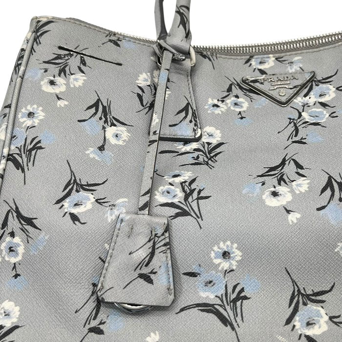 Prada Galleria Grey Saffiano Leather Floral Print Tote 2 Way Shoulder Bag
