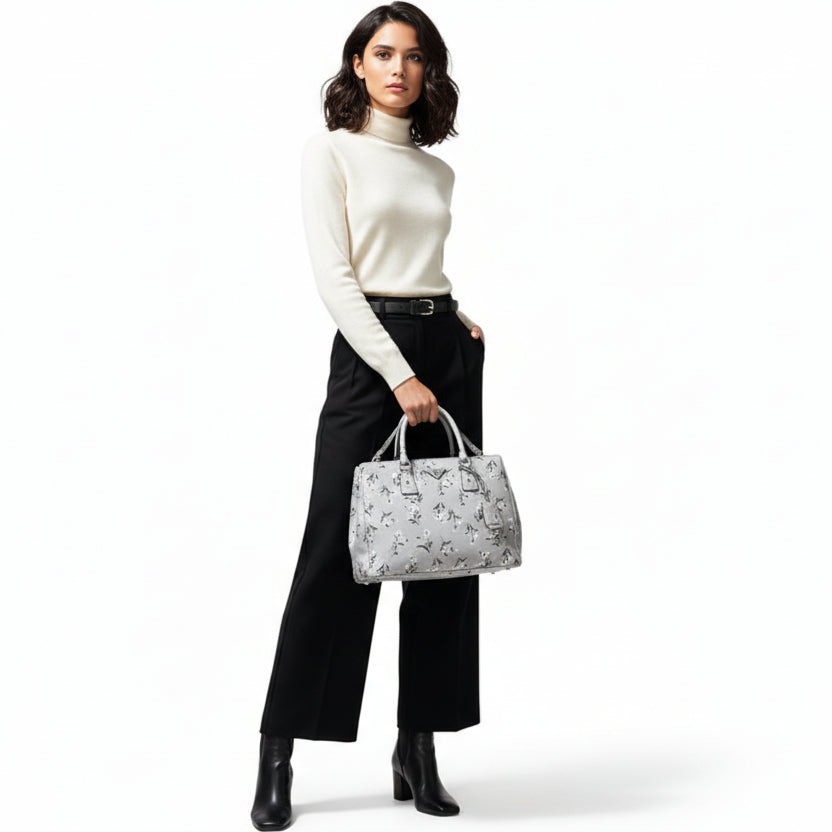 Prada Galleria Grey Saffiano Leather Floral Print Tote 2 Way Shoulder Bag