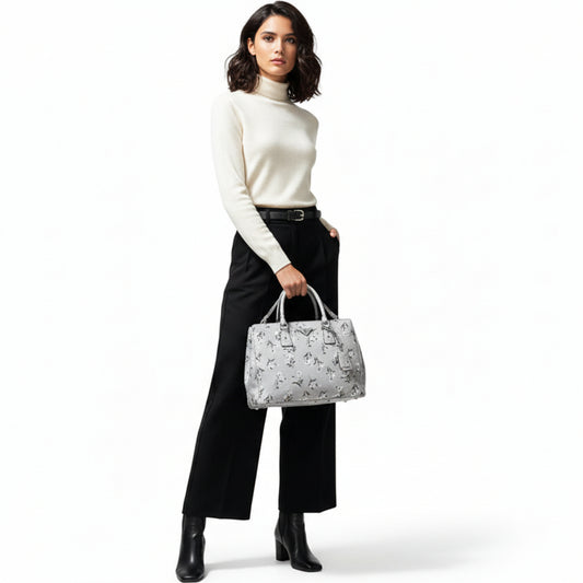 Prada Galleria Grey Saffiano Leather Floral Print Tote 2 Way Shoulder Bag