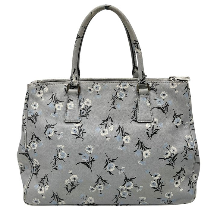Prada Galleria Grey Saffiano Leather Floral Print Tote 2 Way Shoulder Bag