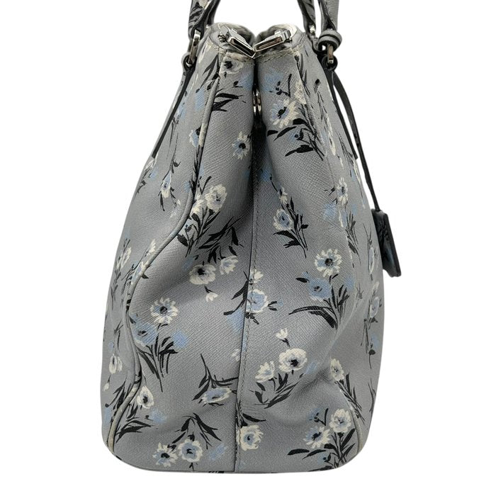 Prada Galleria Grey Saffiano Leather Floral Print Tote 2 Way Shoulder Bag