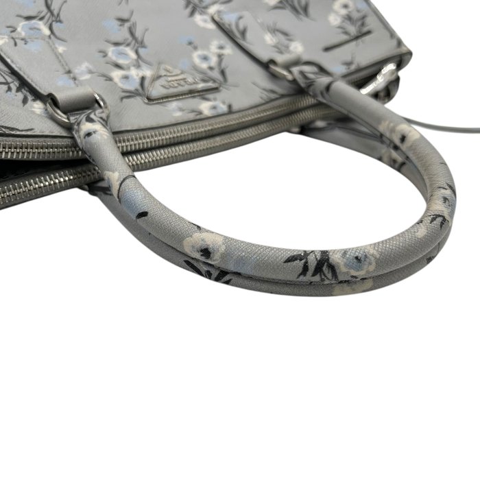 Prada Galleria Grey Saffiano Leather Floral Print Tote 2 Way Shoulder Bag