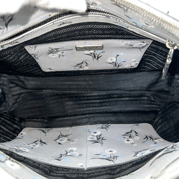 Prada Galleria Grey Saffiano Leather Floral Print Tote 2 Way Shoulder Bag