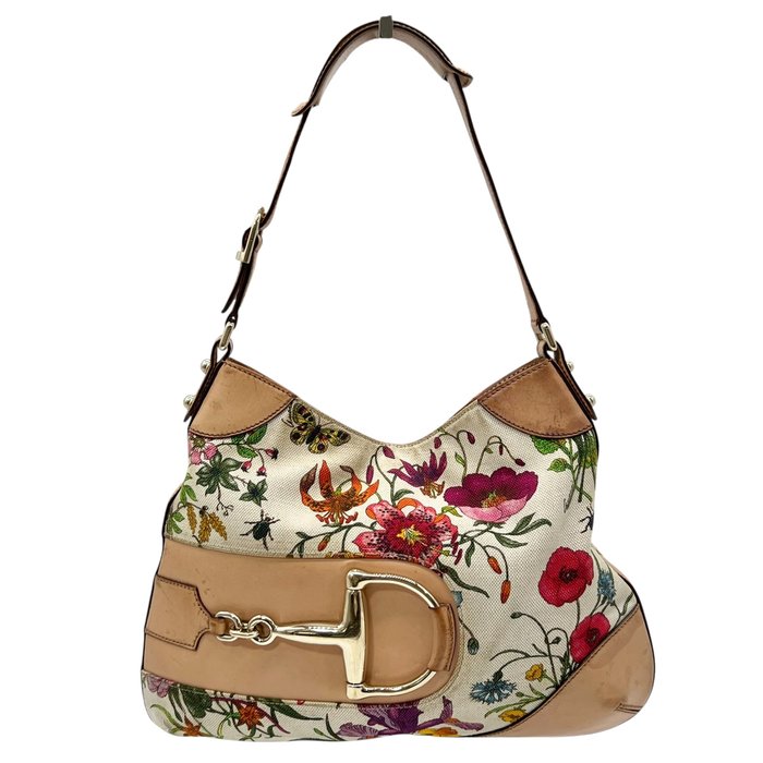 Sac à main Gucci Horsebit Flora en toile beige