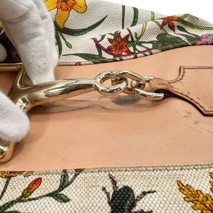 Sac à main Gucci Horsebit Flora en toile beige