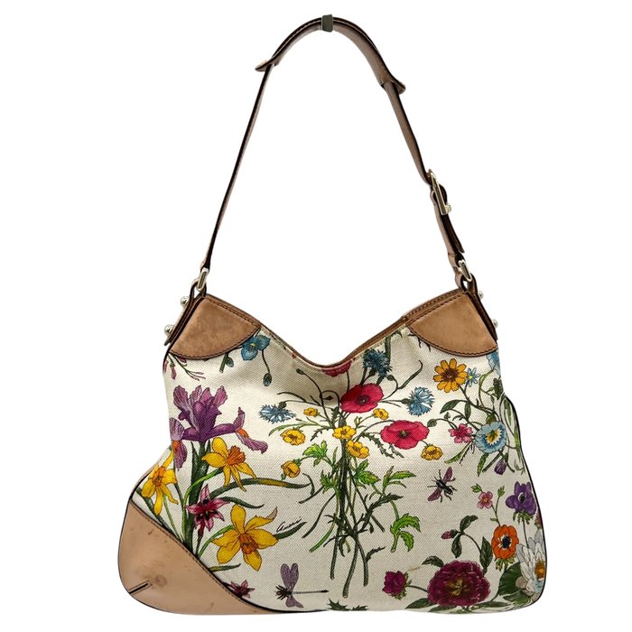 Sac à main Gucci Horsebit Flora en toile beige