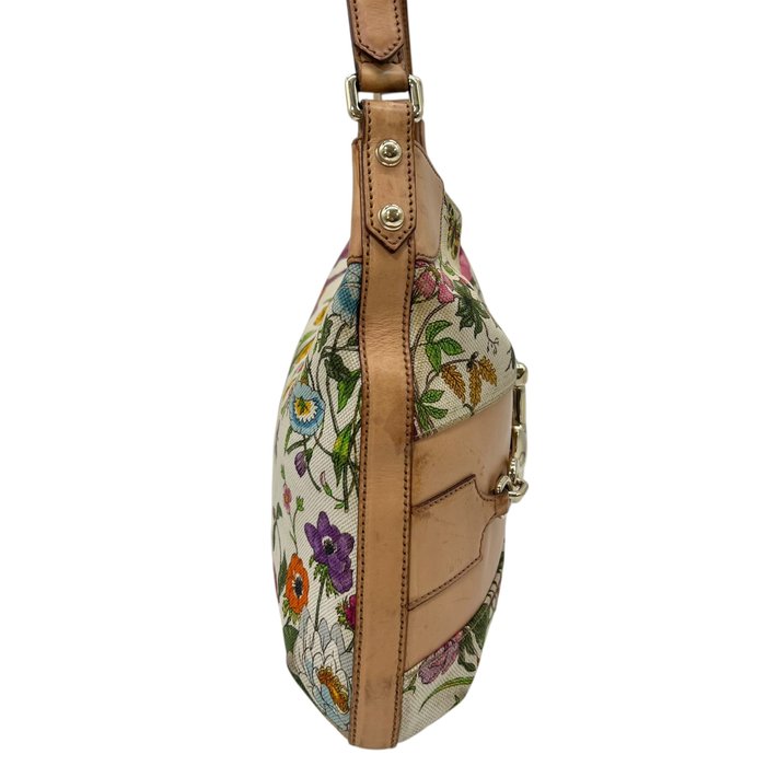 Sac à main Gucci Horsebit Flora en toile beige
