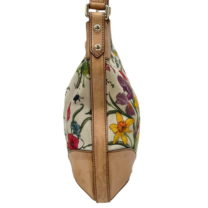 Sac à main Gucci Horsebit Flora en toile beige