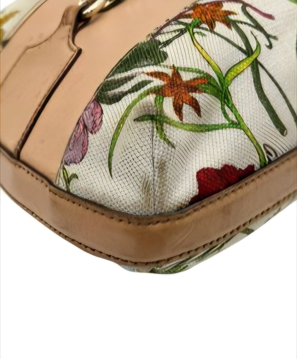 Sac à main Gucci Horsebit Flora en toile beige