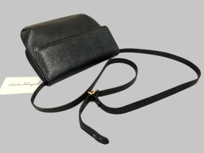 Salvatore Ferragamo Gancini Lizard Embossed Leather Crossbody Bag Navy