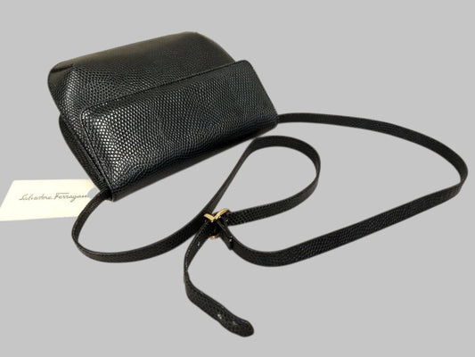 Sac bandoulière en cuir embossé lézard Gancini Salvatore Ferragamo bleu marine