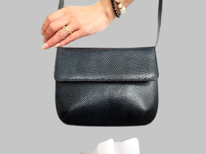 Salvatore Ferragamo Gancini Lizard Embossed Leather Crossbody Bag Navy