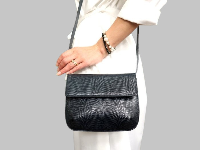 Salvatore Ferragamo Gancini Lizard Embossed Leather Crossbody Bag Navy