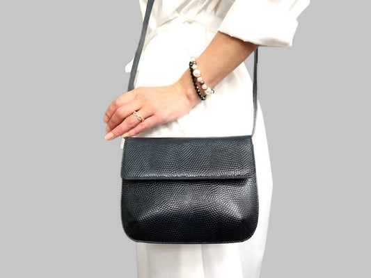 Sac bandoulière en cuir embossé lézard Gancini Salvatore Ferragamo bleu marine