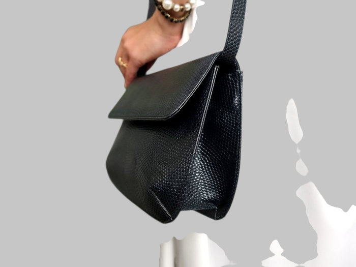 Salvatore Ferragamo Gancini Lizard Embossed Leather Crossbody Bag Navy