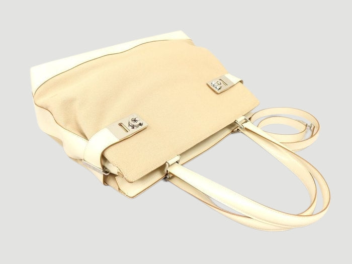 Salvatore Ferragamo Gancini 2 Way Handbag Beige Canvas Leather Shoulder Bag