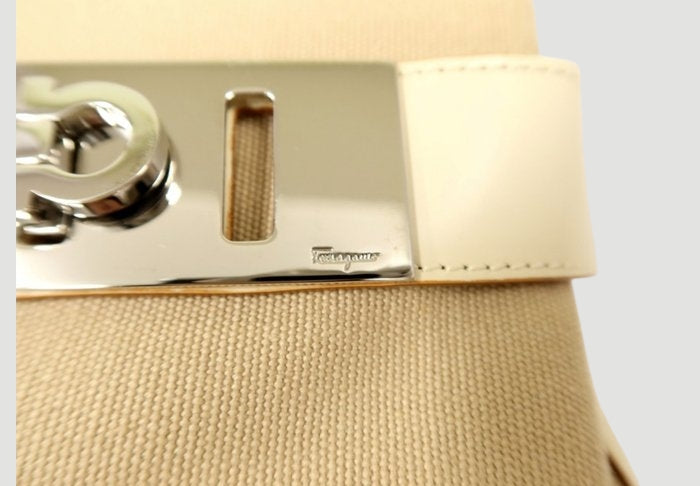 Salvatore Ferragamo Gancini 2 Way Handbag Beige Canvas Leather Shoulder Bag