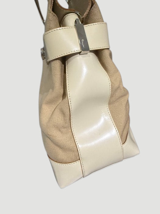 Salvatore Ferragamo Gancini 2 Way Handbag Beige Canvas Leather Shoulder Bag
