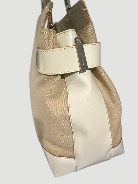 Salvatore Ferragamo Gancini 2 Way Handbag Beige Canvas Leather Shoulder Bag