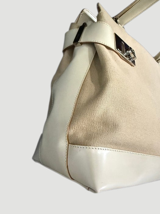 Salvatore Ferragamo Gancini 2 Way Handbag Beige Canvas Leather Shoulder Bag