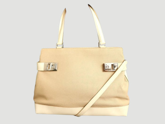 Salvatore Ferragamo Gancini 2 Way Handbag Beige Canvas Leather Shoulder Bag