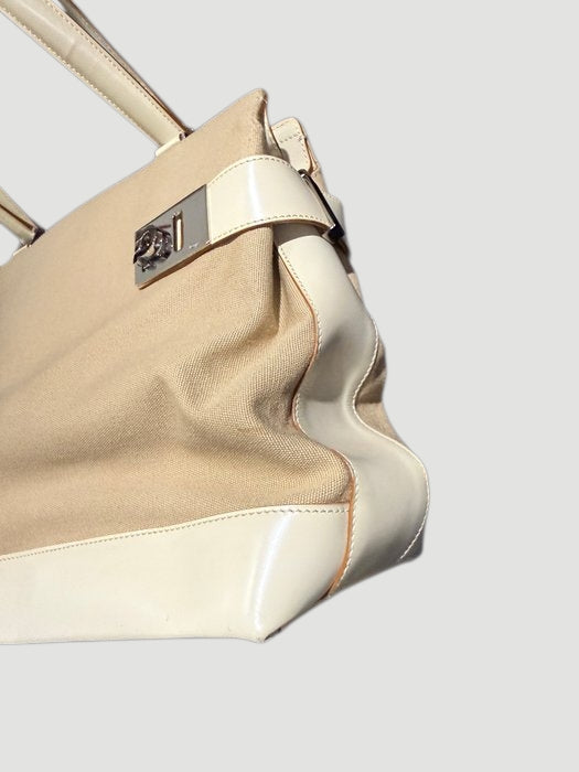Salvatore Ferragamo Gancini 2 Way Handbag Beige Canvas Leather Shoulder Bag