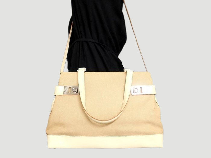 Salvatore Ferragamo Gancini 2 Way Handbag Beige Canvas Leather Shoulder Bag