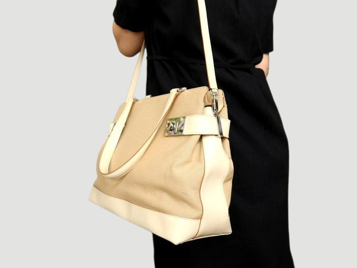 Salvatore Ferragamo Gancini 2 Way Handbag Beige Canvas Leather Shoulder Bag
