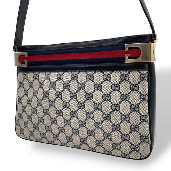 Gucci GG Supreme Web Shoulder Bag – Grey, Navy Leather & Signature Web Stripe