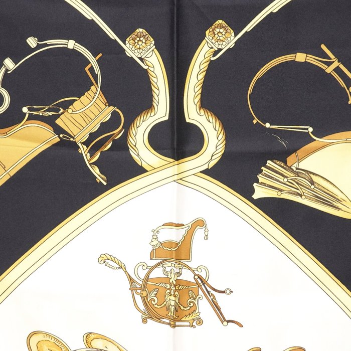 Hermès “Springs” Silk Carré Scarf 90 cm – Classic Equestrian Saddle Design