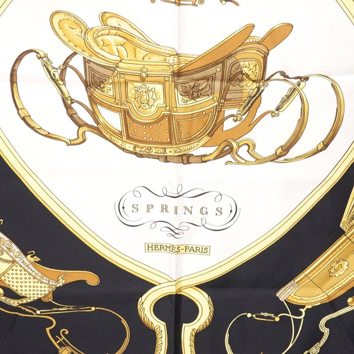 Hermès “Springs” Silk Carré Scarf 90 cm – Classic Equestrian Saddle Design