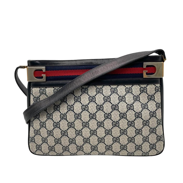 Gucci GG Supreme Web Shoulder Bag – Grey, Navy Leather & Signature Web Stripe