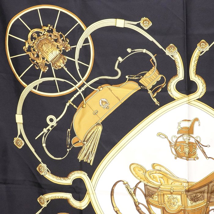 Hermès “Springs” Silk Carré Scarf 90 cm – Classic Equestrian Saddle Design