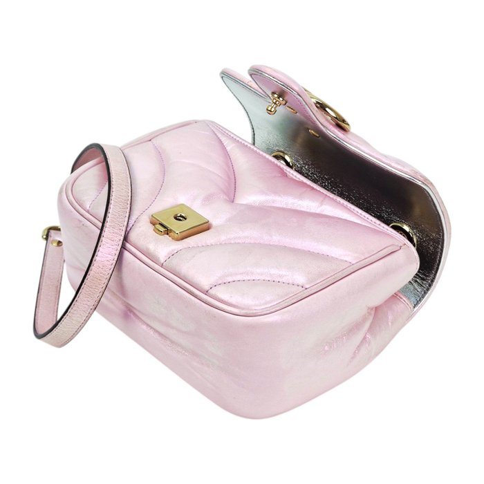 Gucci GG Marmont Mini Shoulder Bag in Iridescent Pink Leather
