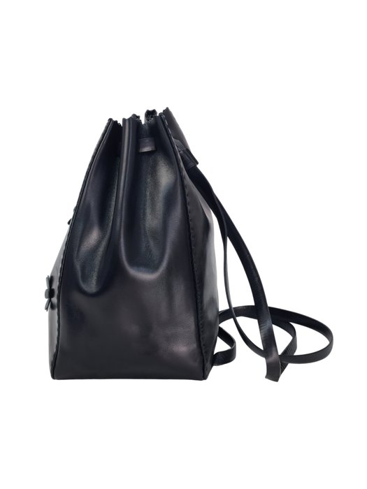 Prada Black Leather Floral Appliqué Drawstring Bag