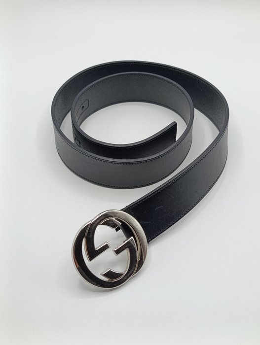 Gucci Black Leather Interlocking GG Buckle Belt