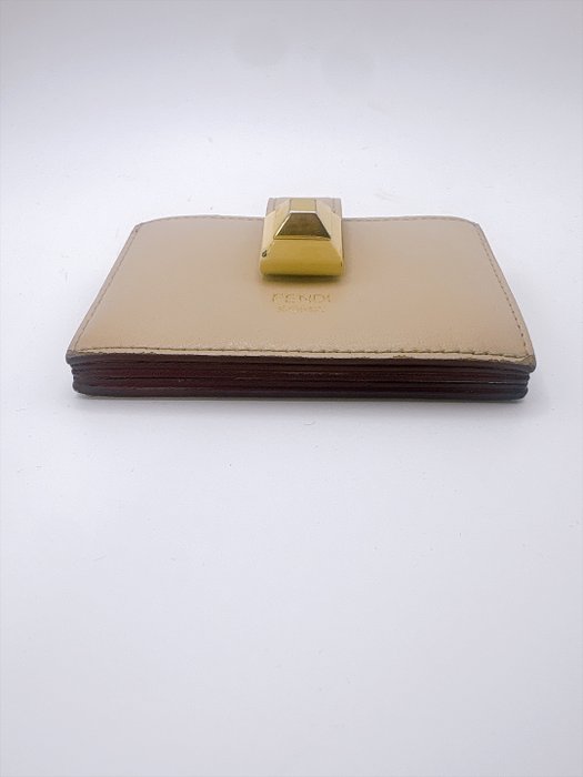 FENDI Beige Leather Card Case – Gold-Tone Geometric Hardware