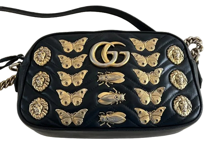 Gucci GG Marmont Animal Studs Black Leather Crossbody Bag