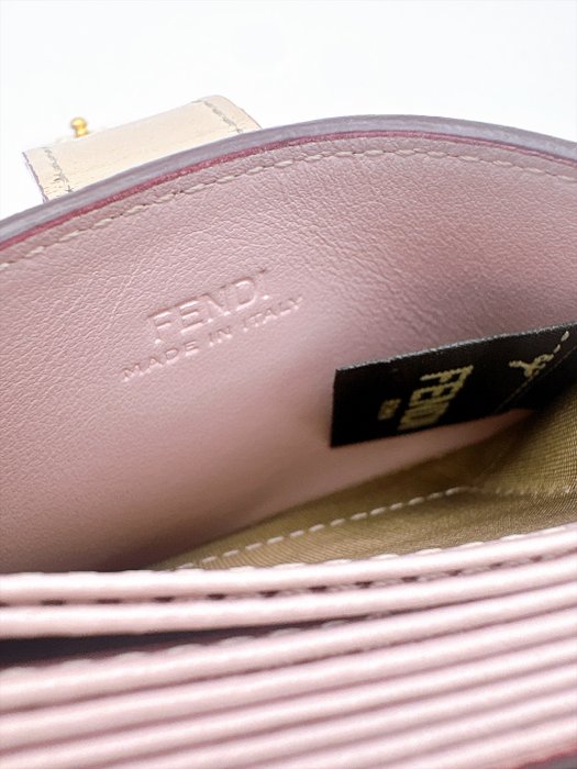 FENDI Beige Leather Card Case – Gold-Tone Geometric Hardware