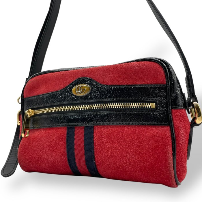 Gucci Ophidia Mini Shoulder Bag – Red Suede, Black Patent Leather &amp; Gold-Tone Hardware