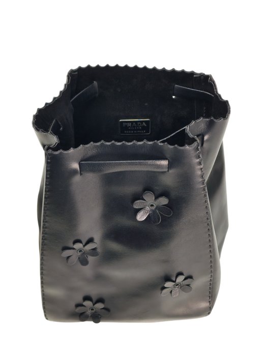 Prada Black Leather Floral Appliqué Drawstring Bag