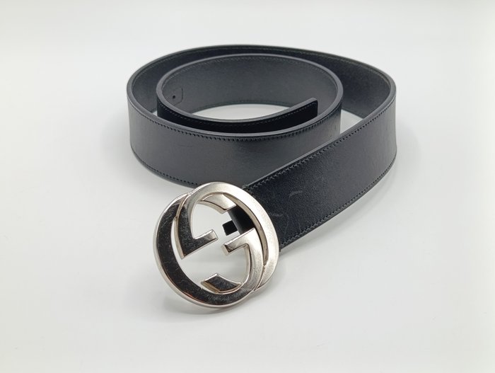 Gucci Black Leather Interlocking GG Buckle Belt