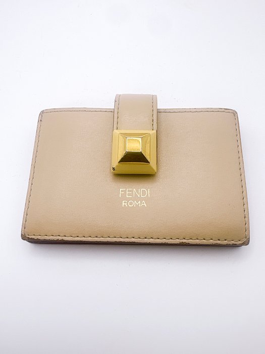FENDI Beige Leather Card Case – Gold-Tone Geometric Hardware