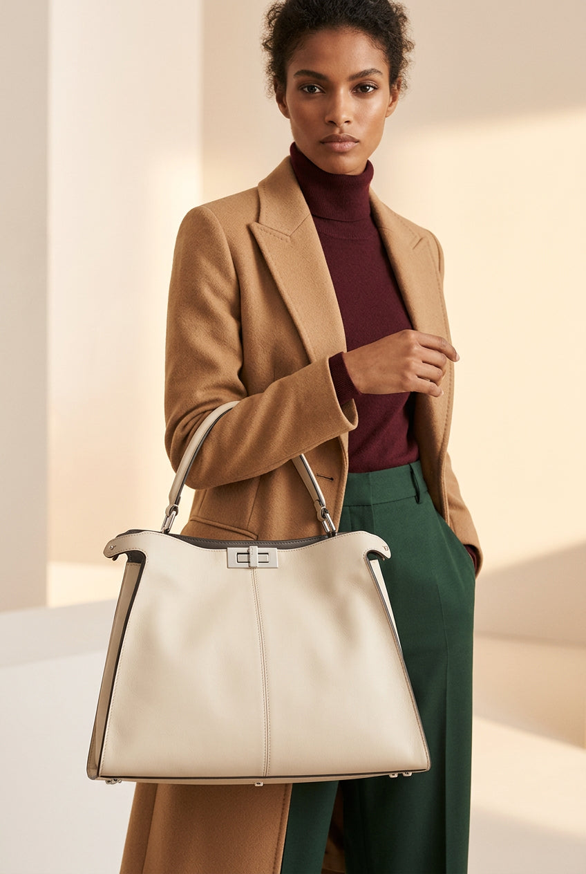 Fendi Beige Leather Turn-Lock Tote Bag