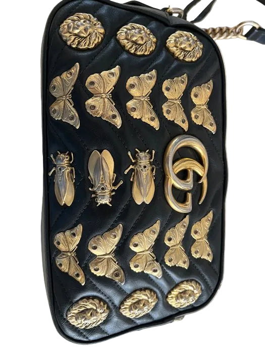 Gucci GG Marmont Animal Studs Black Leather Crossbody Bag