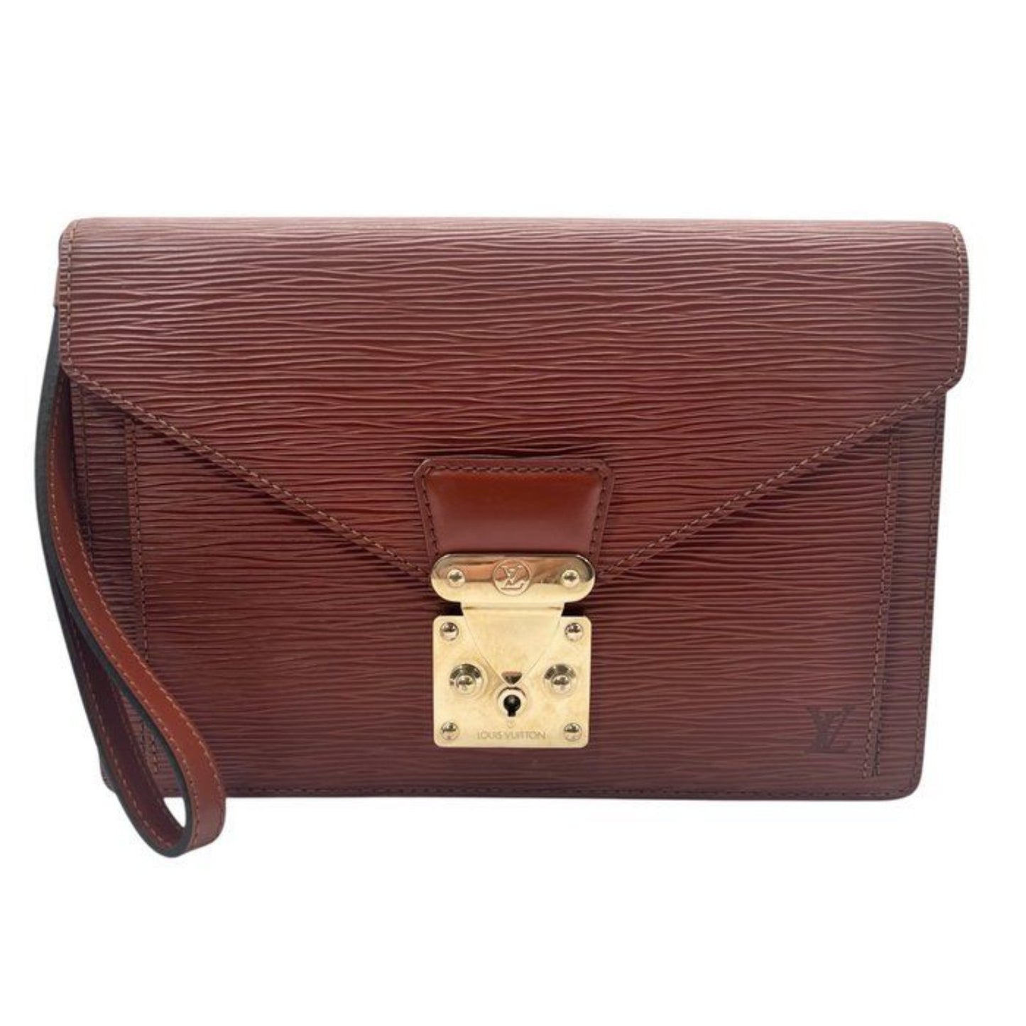 Louis Vuitton brown Epi leather pochette bag with gold hardware and textured finish.